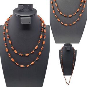 Vintage 30's Art Deco Orange Black‎ Art Glass Chain Linked Flapper Necklace